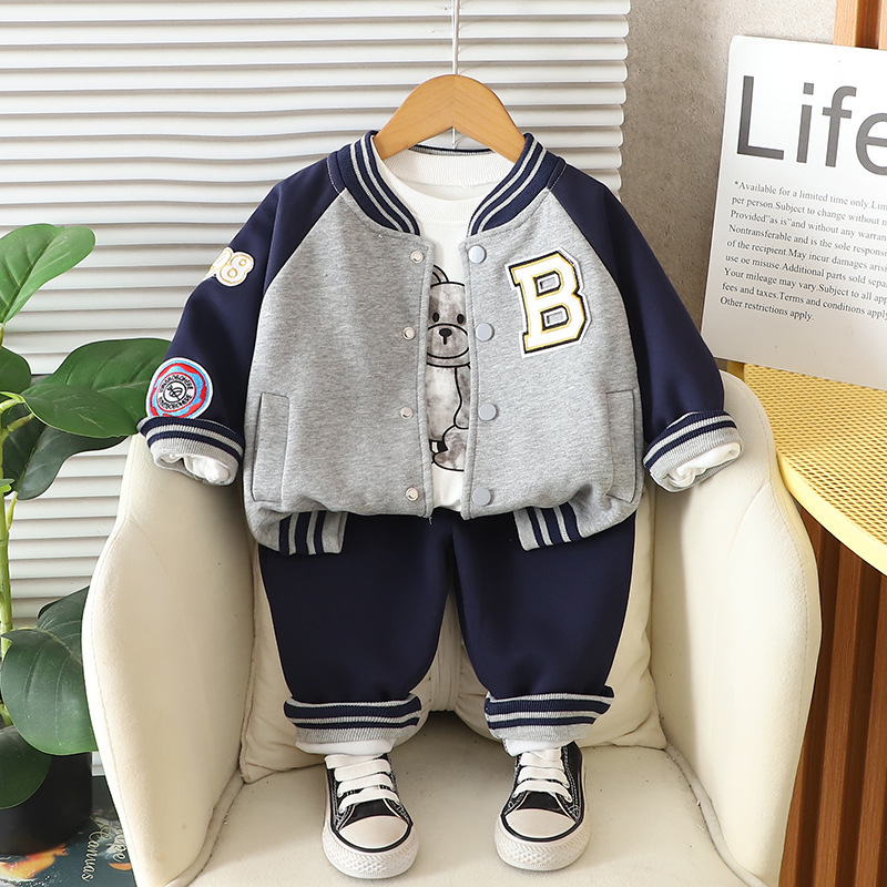 Fashion 2025 Boys Baseball Outfit 3-Piece Set, Color-Blocked Jacket with Pants, Spring Autumn Clothes for Toddlers 1-3 Years Free Shipping