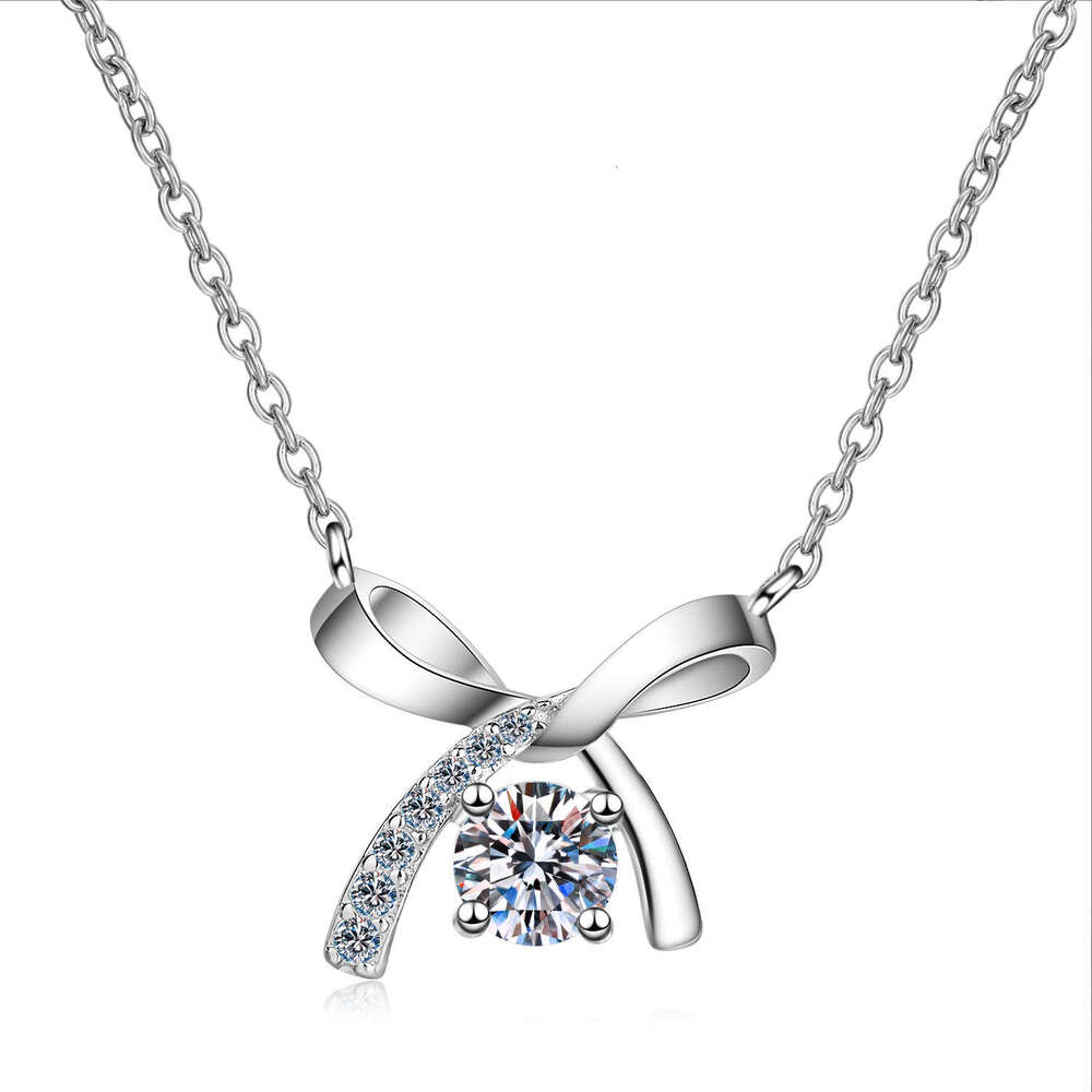 DHCollections-- 2020 New Model S Pure Sier Four-Prong Women's 50 Moissanite Bow Necklace Simulated Dia Collarbone Chain