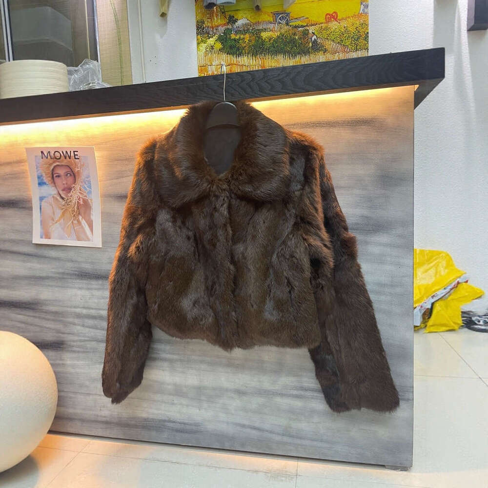 Shangdong Money Coffee Color Whole Leather Rabbit Fur Coat Short Women Stand Collar Old Money Style Winter Wear