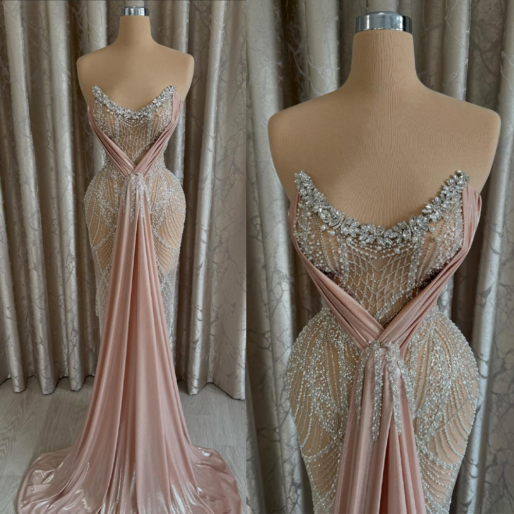 Sexy Evening Dresses Crystal Sequins See Through Gown Strapless Sleeveless Backless Sweep Train Dress Party Customized Dress