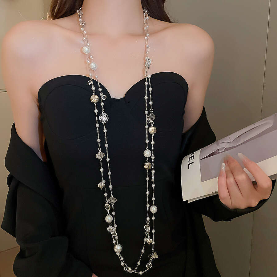 Inlaid Crystal Pearl Heart Flower Tassel Necklace Chain Fashion Designer Belt Light High-end Waist for Women