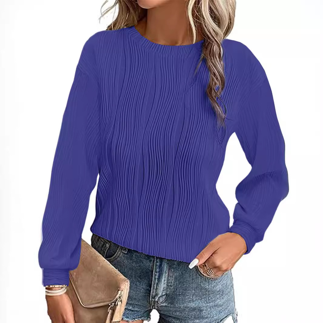 2025 New Women's Drop Shoulder Long Sleeve Textured Round Neck Knitted Solid Color Loose Casual Sweatshirt