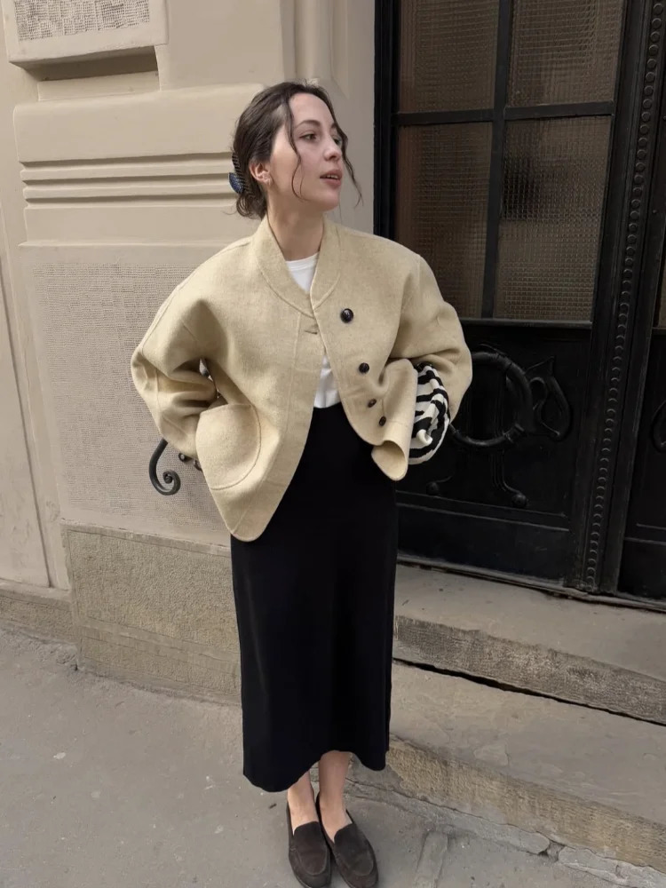 Casual Yellow Woolen Jacket Women Round Neck Single Breasted Full Sleeve Loose Coat Autumn Lady Daily Commute Street Outerwears 251013