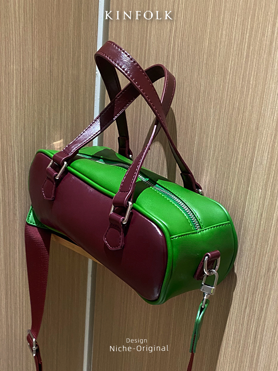 new Vintage Distressed Boston Saddle Bag with Contrast Color Blocking Wide Shoulder Strap Small Square Bag Single Shoulder Crossbody Bag for Women