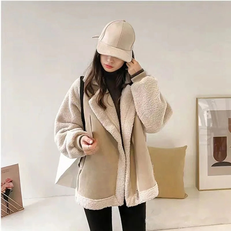 FSMG Women Thick Plush Warm Coat Lamb Wool Sheepskin Faux Suede Zipper Jacket Loose Fur One Piece Winter Fashion Khaki Outerwear 251021