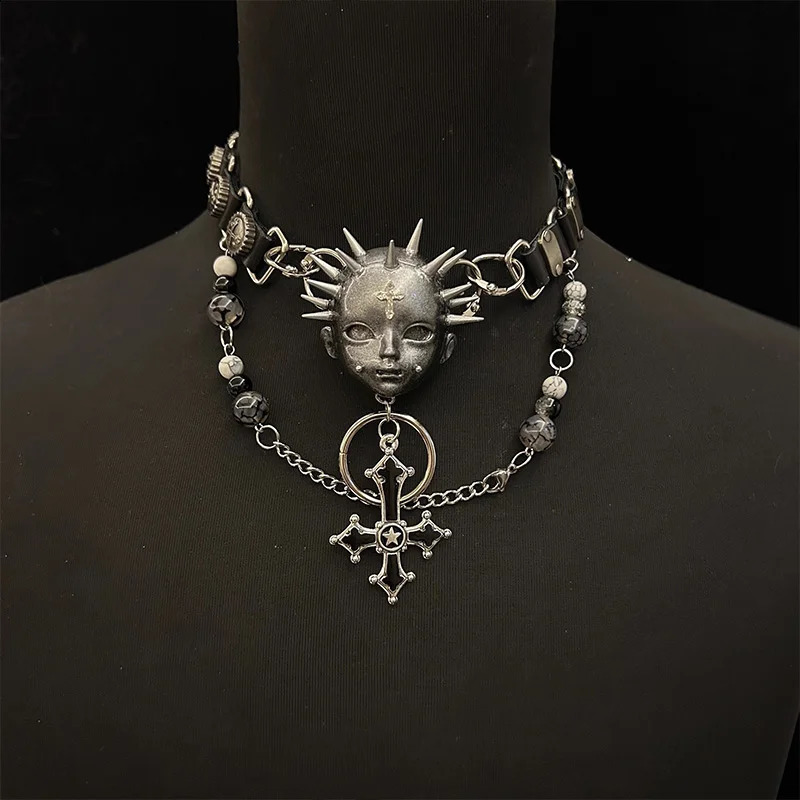Punk Necklace Leather Choker Cross Metal Chain Rivet Human Face Dark Trendy Cool Neck Accessories for Women Men Jewelry 251023