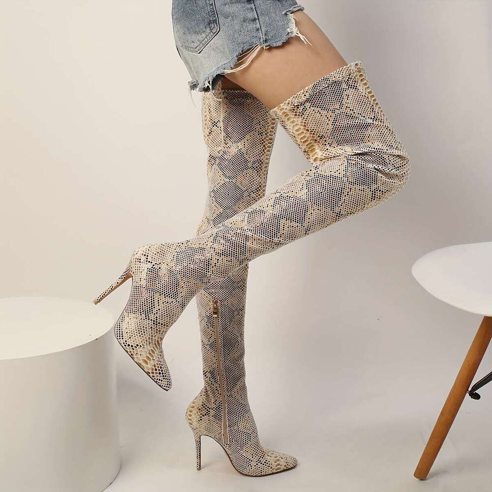 Mei Oi Women's Snake-Print Pointed Toe Stiletto Over-The-Knee Boots - Ultra-High Platform Heel, Stretch Synthetic Cover With Zipper Closure, All-