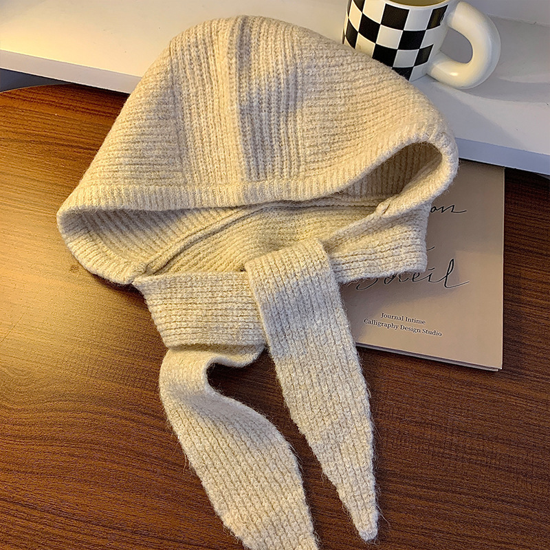 Large Head Circumference Raffia Scarf for Women, Autumn and Winter New Knitted Hooded Integrated Warm Ear Protection Wool Hat