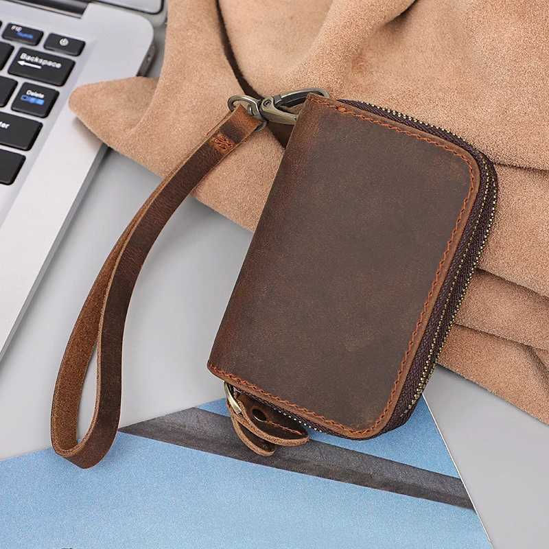 Double Zipper Crazy Horse Leather Retro Card Case Top Cowhide Coin Purse Car Key Keychain Holder with Hand Strap Clutch Bag Z251023