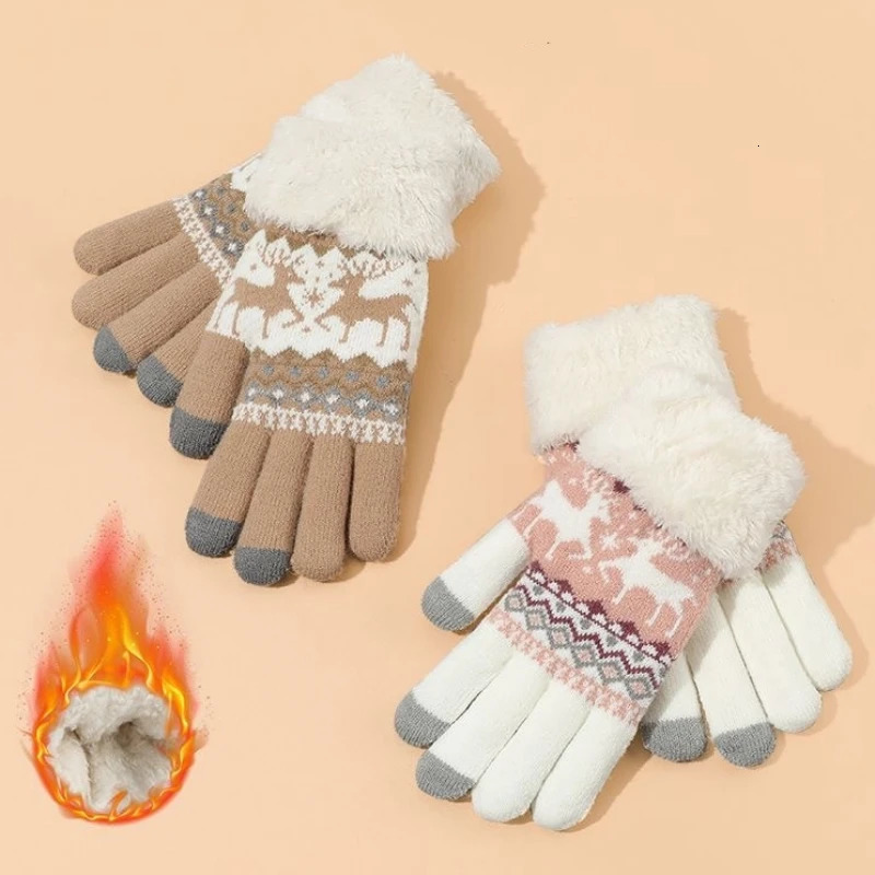 Christmas Reindeer Knitted Gloves Plush Cuff Thick Warm Glove Autumn Winter Soft Coldproof Full Finger Touchscreen Gloves 251021