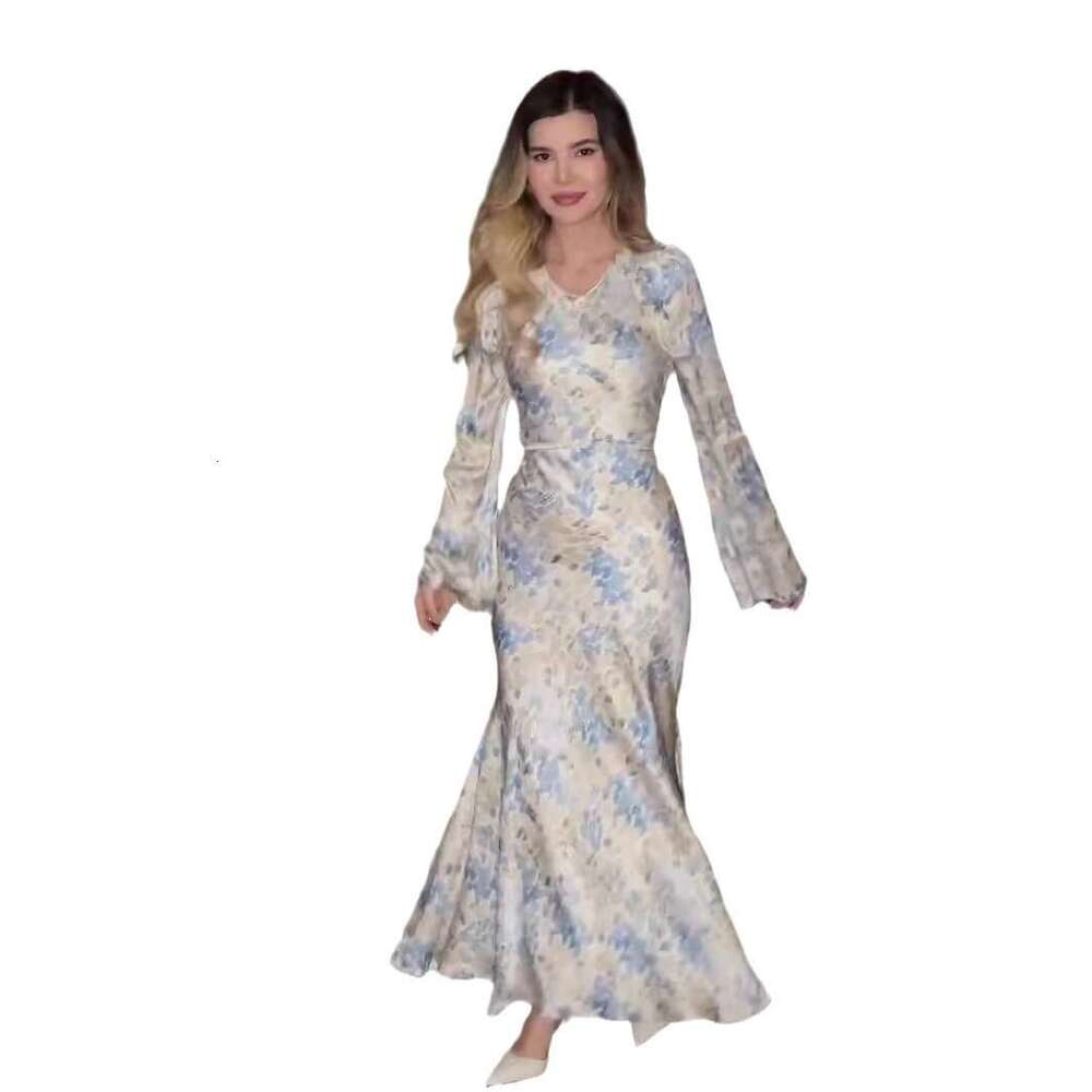 2025 Spring Gentle Wind Satin Print Elegant High-End Long Dress