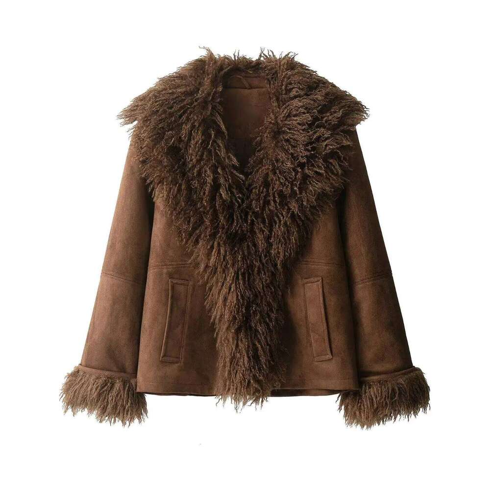 Vintage Chic Brown Faux Fur Jackets Long Sleeve V Neck Pockets Loose Fashion 2025 Autumn Winter Thick Warm Coats
