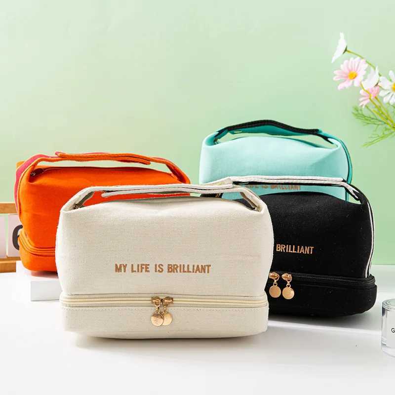 Ins Double Layer Waterproof Cosmetic Bag Fashion Women Large Capacity Portable Canvas Travel Organizer Makeup Storage Tote BagT251024