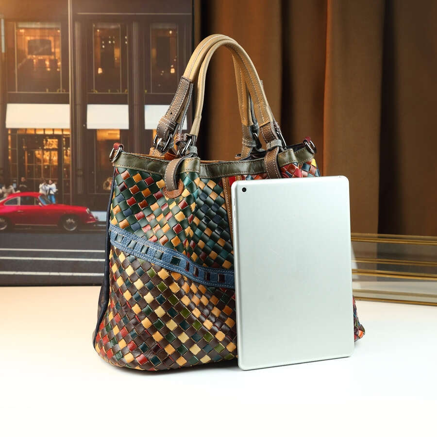 Mindya Wo 'S Genuine Leather Handbag Large Capacity Multicolor Woven-Style Tote With Golden-Tone Hardware, European-Inspired Cowhide Handbag Grai