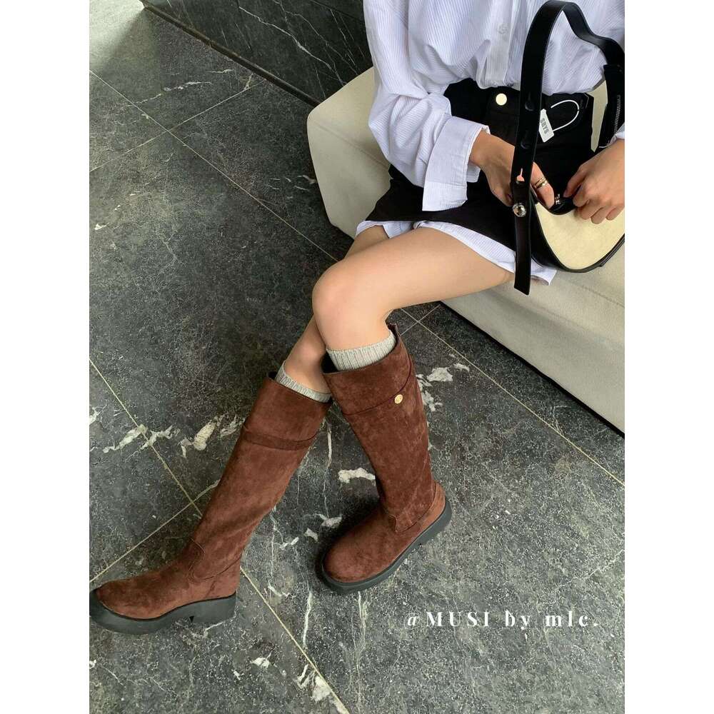 2025 Designer Shoe Autumn New Round Toe Chunky Heel Belt Buckle High Tube Slim Over-the-Knee Riding Boots for Women
