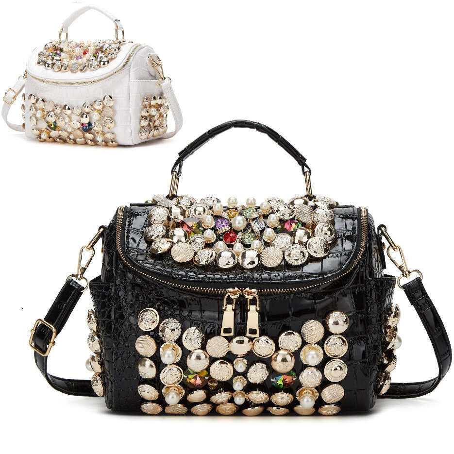 1Pc Elegant Faux Leather Evening Clutch Bag With Rhinestone Embellishments, Zipper Closure, Removable Strap, Polyester Lining - Women's Fashion H