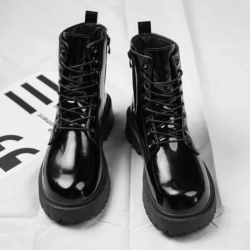 Men Shoes Couple Leather Boots Men Women Unisex Outdoor Casual Shoes Leather Motorcycle Boots High Top Glossy Mens Ankle Boots W251024