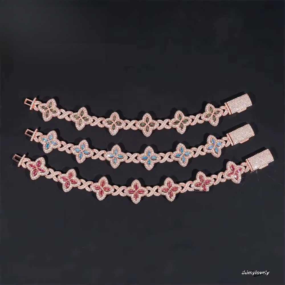 Rich Color Flower Design 18Mm Custom Iced Out Hip Hop Unisex Jewelry Cuban Link Chain Sier VVS Moissanite Bracelet Ddmylovely