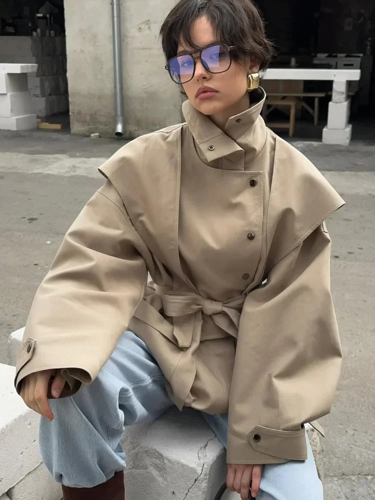 Women Waist Cinching Windbreaker Fashion Solid High Neck Buttons Long Sleeve Singlebreasted Coats Lady Street Jacket 251021