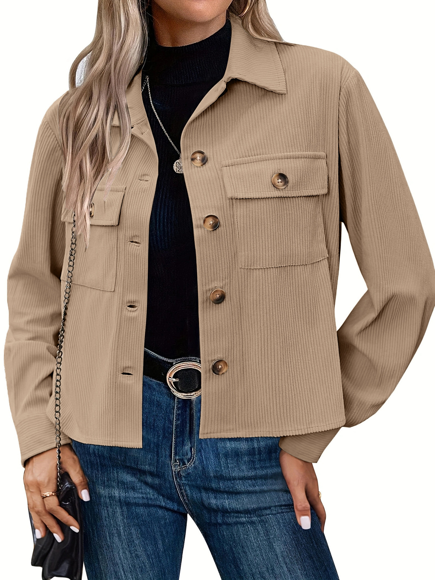 2025 Women's Fashion Casual Short Corduroy Button-Up Crop Jacket Top