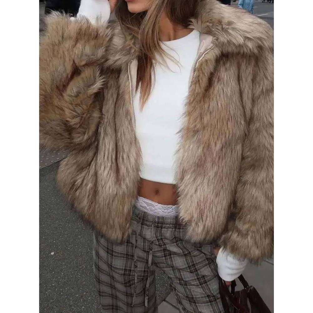 Vintage Women's Faux Fur Jackets Long Sleeve Lapel Pockets Zipper 2025 Winter Coats Lady High Street Woman Outerwear