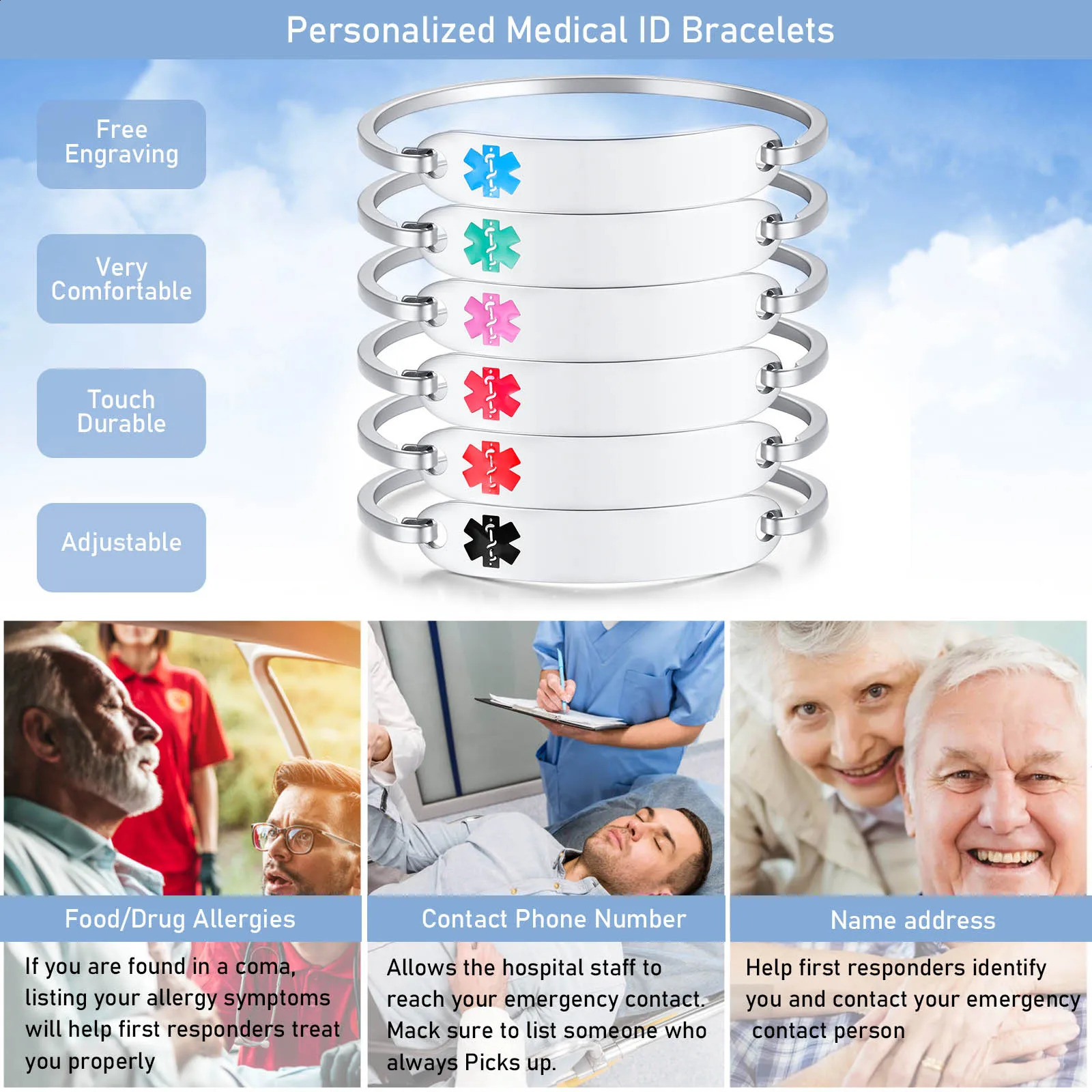 Free Personalized Alert ID Bangle Bracelet for Women Customzied Engraved Emergency Bracelet Diabetes Epilepsy 251014