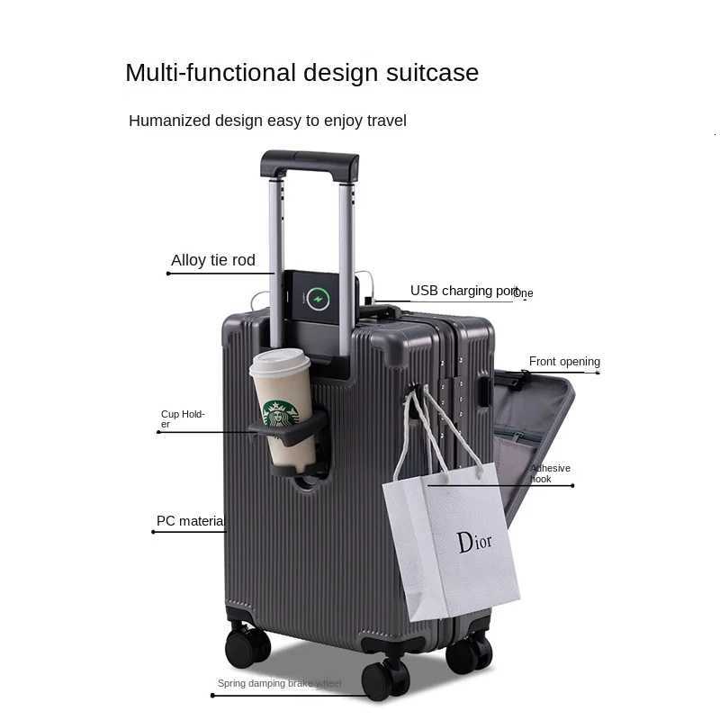 2024 inch New Luggage Aluminum Frame Front Opening Laptop Bag Multifunctional Travel Suitcases Cabin Bag Trolley CaseW251024