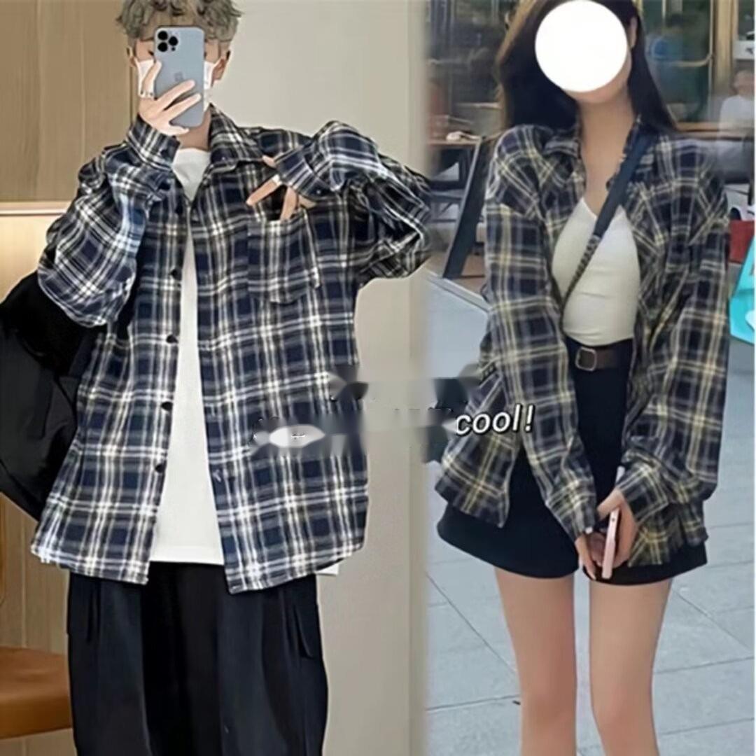 Pocket Trendy Turn-down Collar American Style Navy Blue Plaid Shirt for Men, Autumn Youthful Vintage Lazy Style Sun Protection Jacket