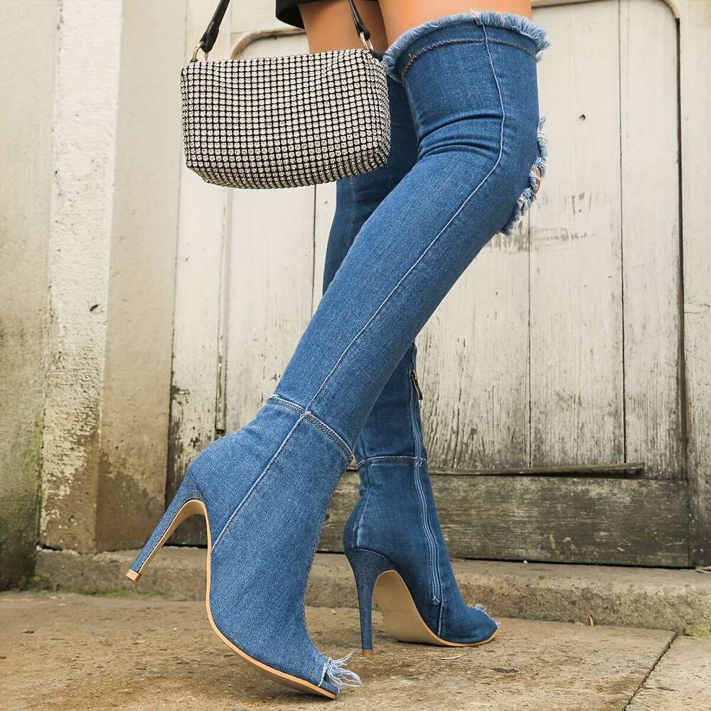 Women's Distressed Blue Over-The-Knee Fish Mouth Open Toe Stiletto Heel - Pull-On Ankle Boots With Ruched Detailing Design, Fabric Lining & PU So