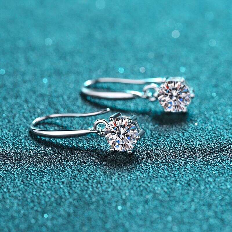 DHCollections-- S Pure Sier Ear Hooks for Women Six-Prong Moissanite Earrings Jewelry Plated with PT950 Gold Straight