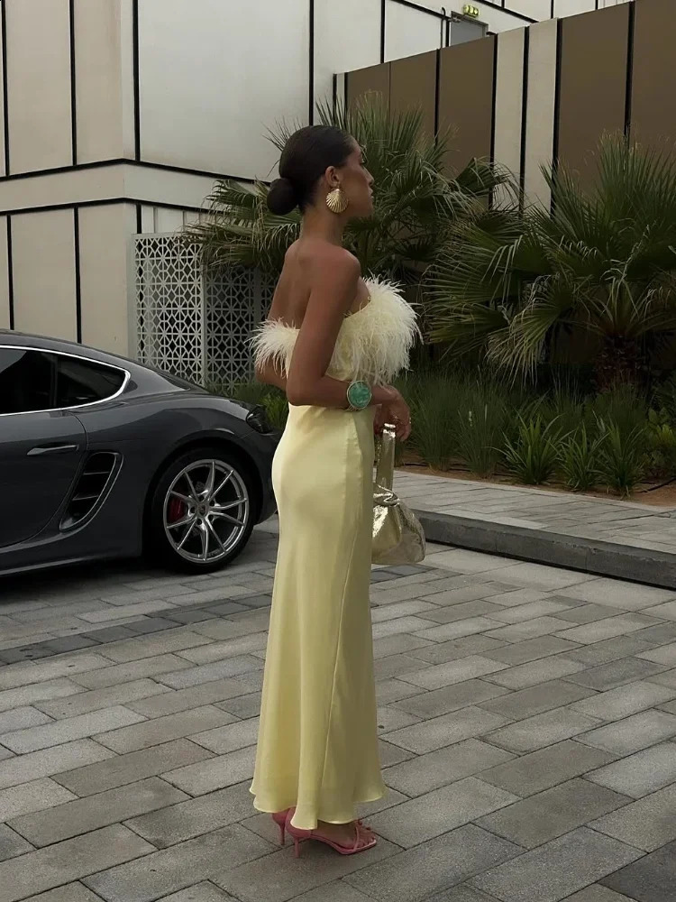 Elegant Yellow Satin Feather Long Vestido Women Sexy Strapless Backless Off Shoulder Slim Fit Dresses Party Street Gown 251020