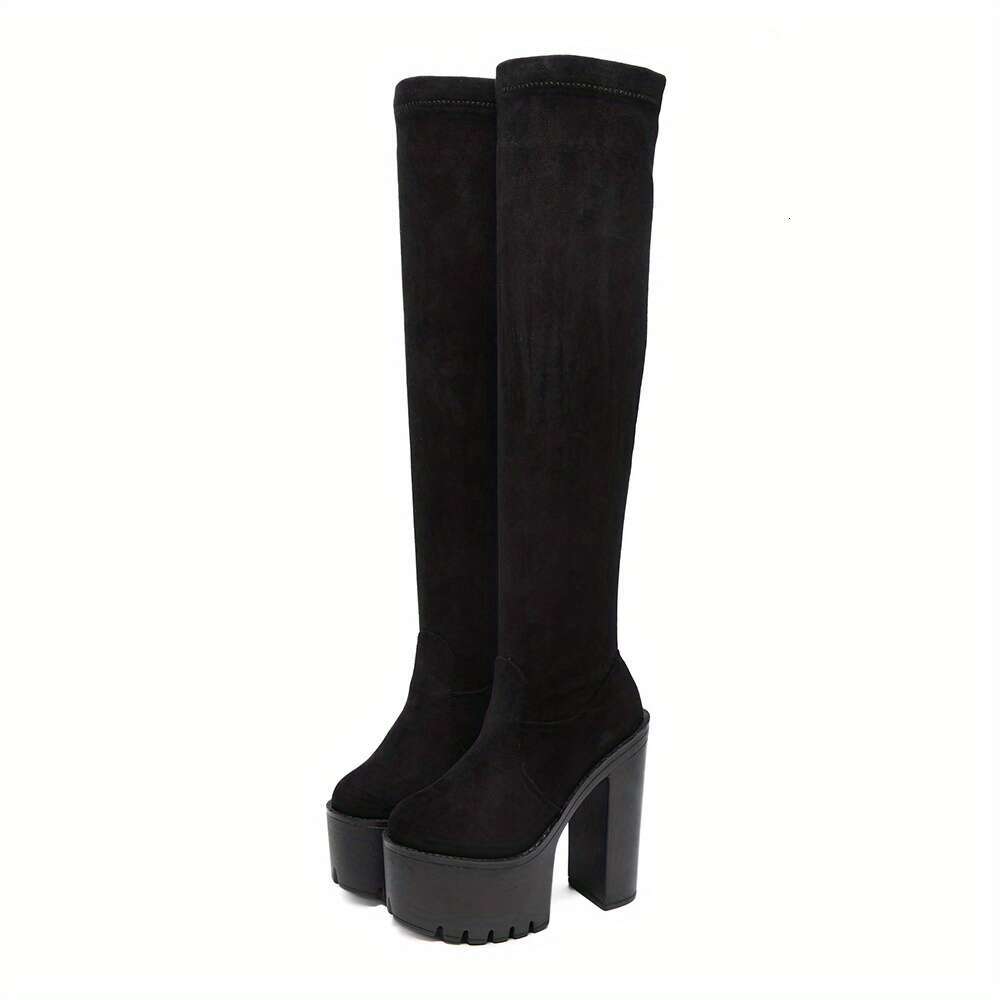 Black Block Heeled Boots, Round Toe Slip On Platform Shoes, Women's Fashion Solid Color Boots