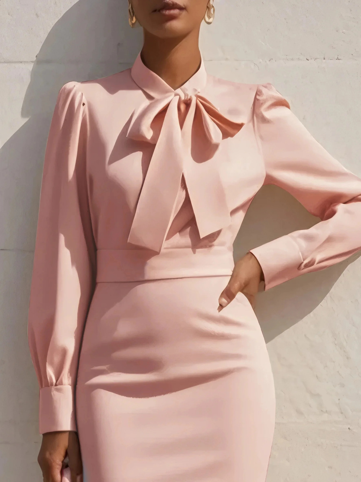 Womens Solid Color Bow Neck Long Sleeve Waisted Midi Dress 251023