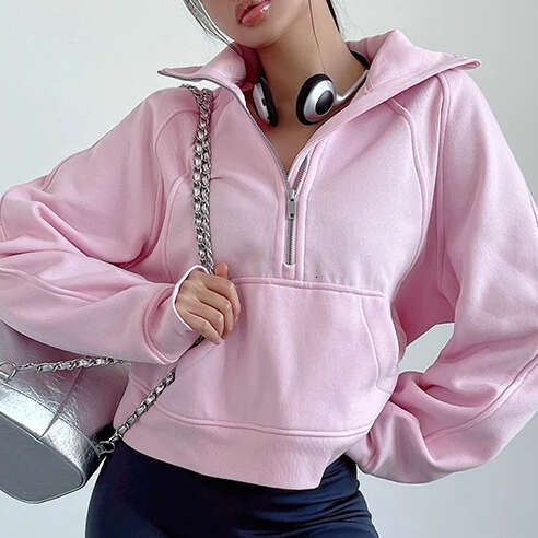 Women Pink White Oversized Zip Hoodie Female Fleece Half Zipper Lapel Sweatshirt Casual Streetwear Basic Warm Thick Pullovers