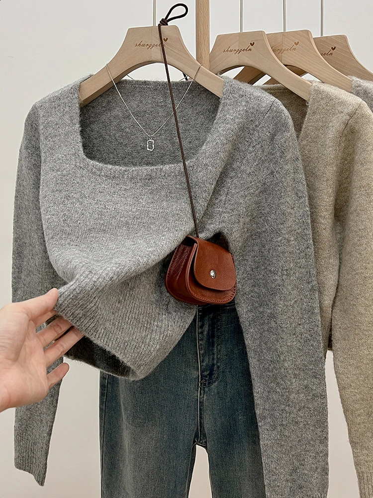 Square Collar Knitted Sweater Tops Women Autumn Winter Korean Solid Fashion Casual Long Sleeve Pullovers Ladies Clothing 251023