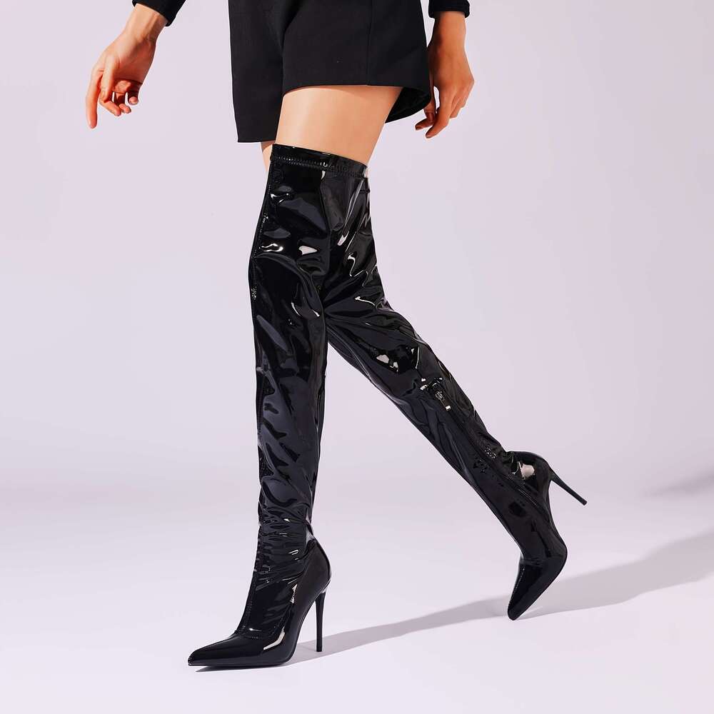 1Pr Elegant Black Knee-High Boots - Solid Color Stiletto With Pointed Toe, Microfiber Upper, Mesh Inner, Rubber Sole, High Heel Zipper Closure