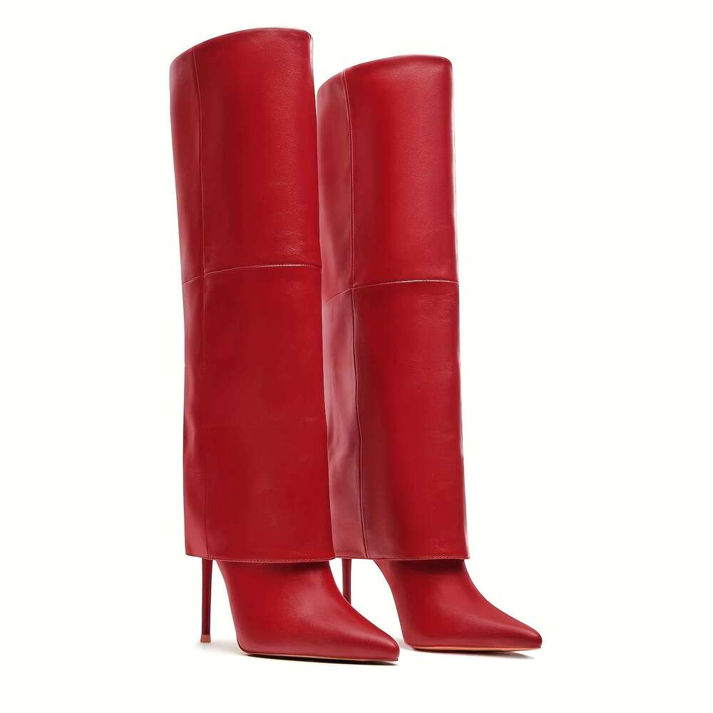 Women's Knee High Stiletto Heel Boots Fold Over Pointed Toe Pull On Design Shoes Wide Calf Sexy Fashion Party Dress Tall Booties
