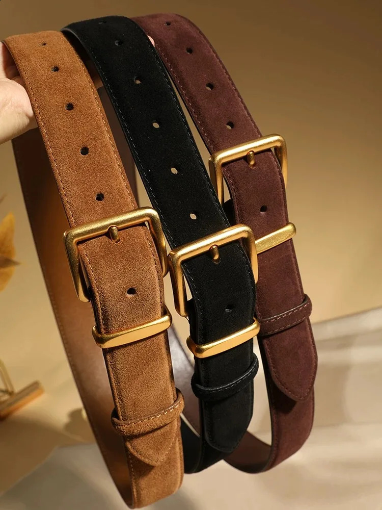 Suede Cowhide Leather Belt for Women Vintage Style with Gold Buckle 33cm Wide Waistband for Dresses Jeans 251013
