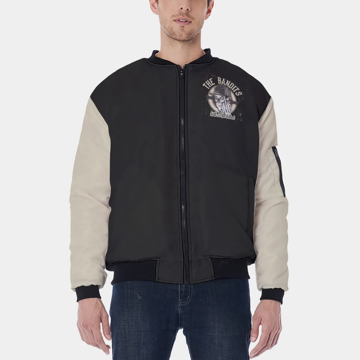 DHgatepod Men's Sleeve Pocket Bomber Jacket - All-Over Print Twill Weave Aviator Coat with Orange Lining & Zipper Detail