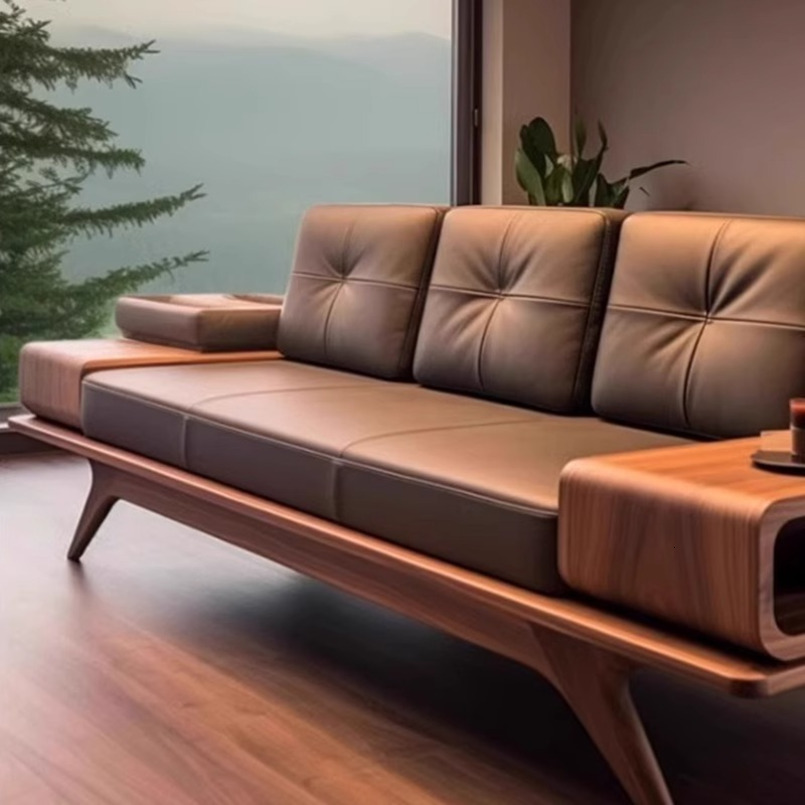 New Chinese Style Black Walnut Living Room High-End Solid Wood Genuine Leather Three-Seater Small Apartment Straight Row Sofa