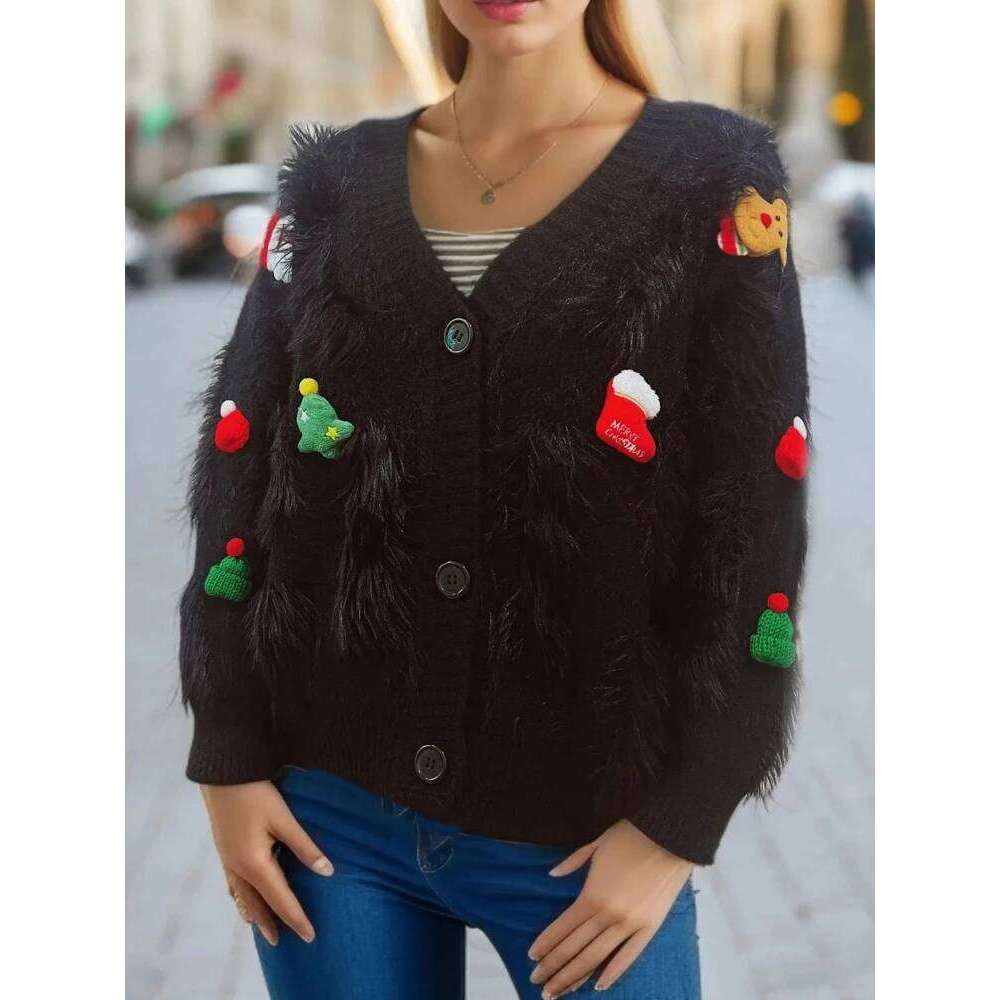 Autumn Winter New Christmas V-Neck Sweater Fashionable Elegant Loose Fitting Single Breasted Cardigan Jacket For Women