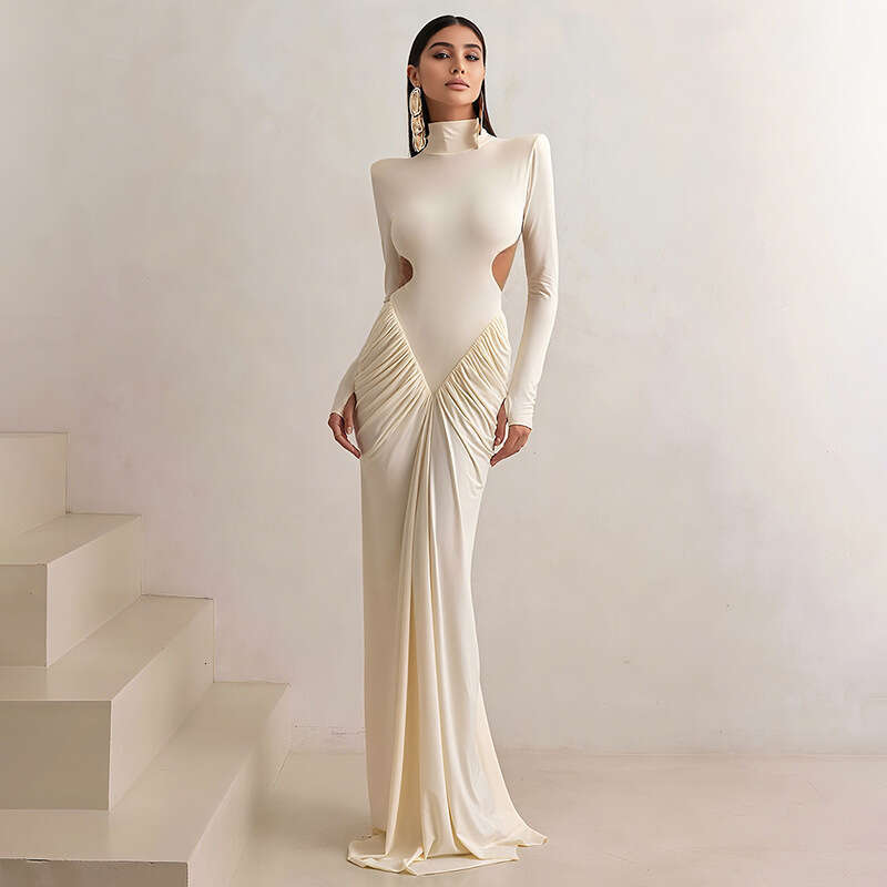 2025 Autumn New Women's Solid Color Sleeve High Neck Elegant Slim Fit Ruched Backless Long Dress