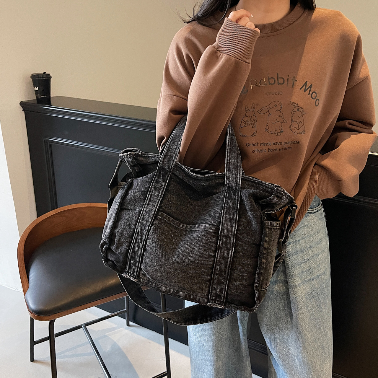 2025 Washed Denim Tote Large Capacity Shoulder Women Fashion Frayed Edge Handbag Crossbody Bag