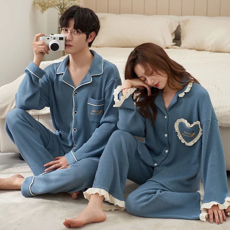 Autumn Couple Pijamas Set For Men Women Cotton Kimono Homewear Man Pjs Female Pijamas Suit Pyjamas Home Clothes Drop Ship 251021