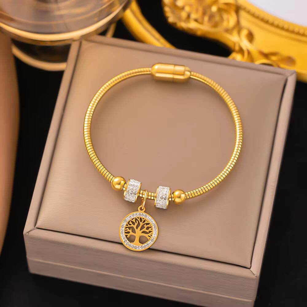 Wholesale High Quality Fashionable Diamond Tree of Life Round Titanium Steel Bracelet With Diamonds