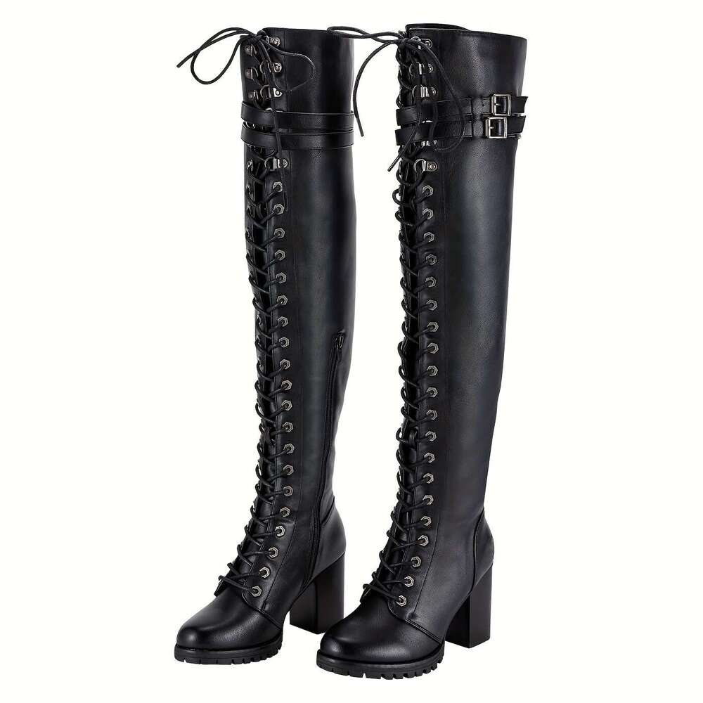 Women's Faux Leather Over The Thigh Boots, Black Lace Up Knee High Chunky Heel, Sexy Biker Boots With Buckle