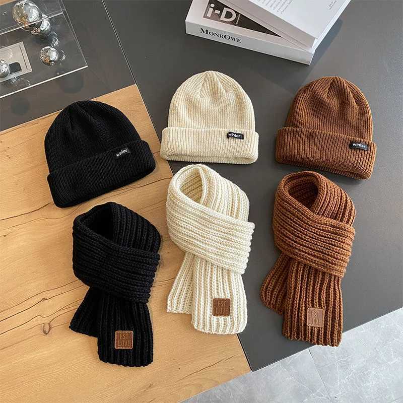 Autumn and winter pullover hats scarves sets stylish childrens knitted hats headscarves ear protectors handsome boysL251024