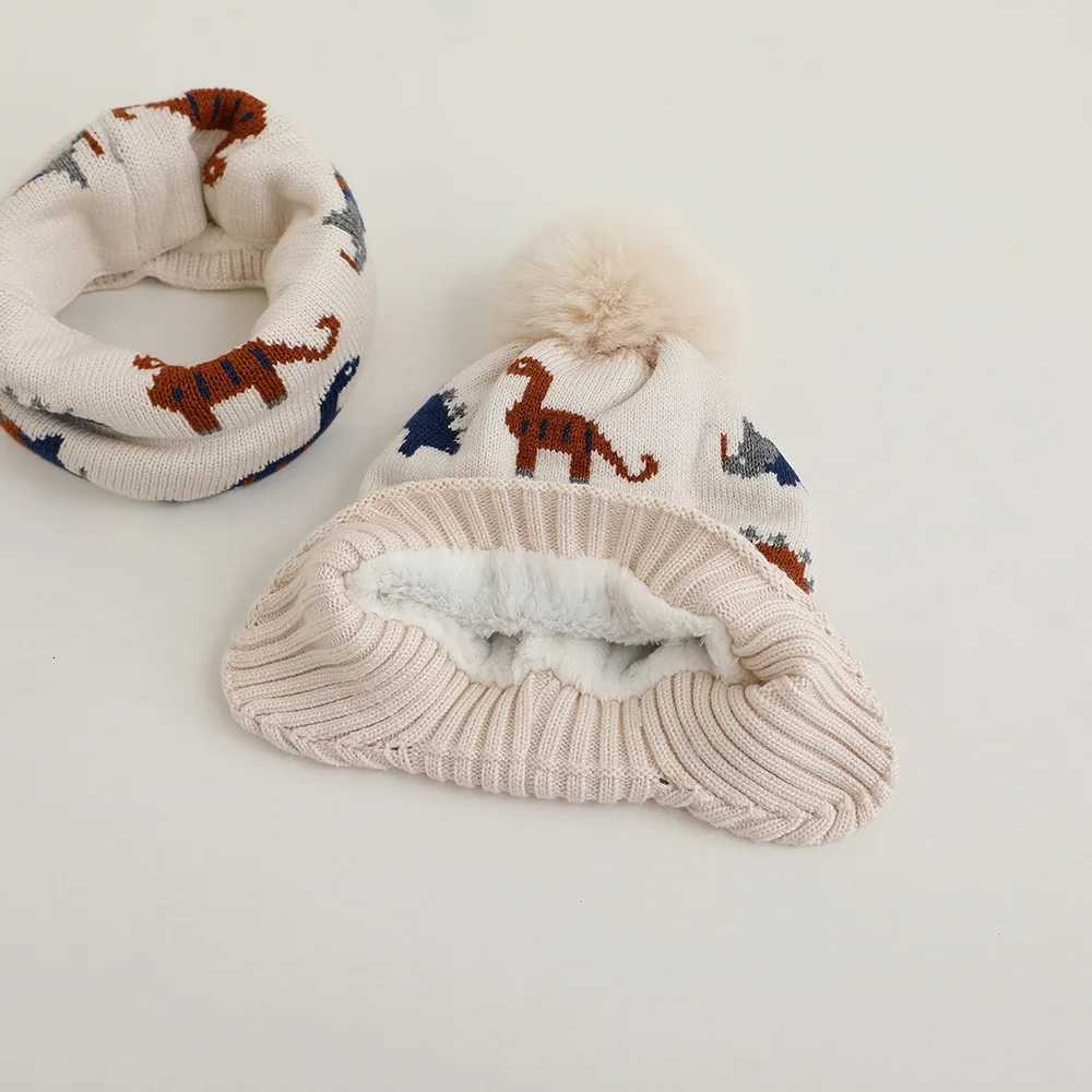 2pc312Y Childrens Little Dinosaur Knitted Cap Childrens Warm earprotecting hat Scarf Set autumn and winter hatL251024