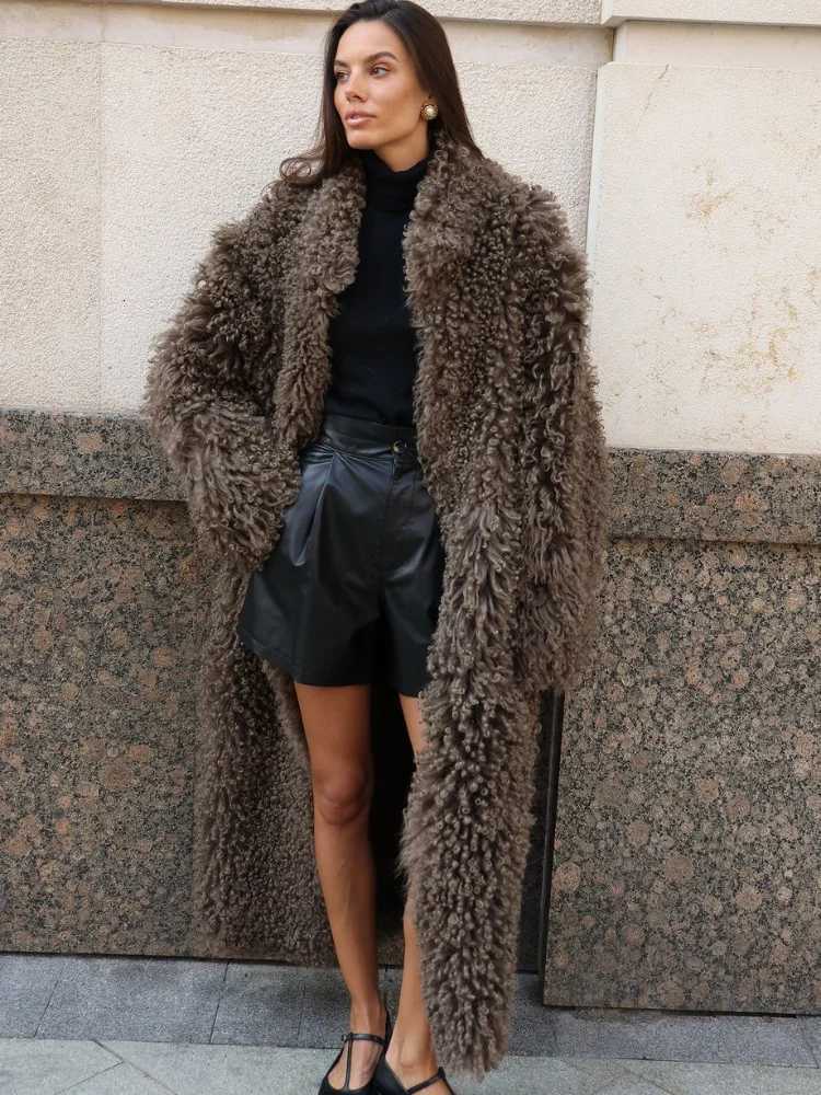 Women Solid Lamb Fur Long Coat Elegant Fashion Lapel Full Sleeve Warm Coats Lady Chic High Street Casual Winter Outerwear 2025 H251024