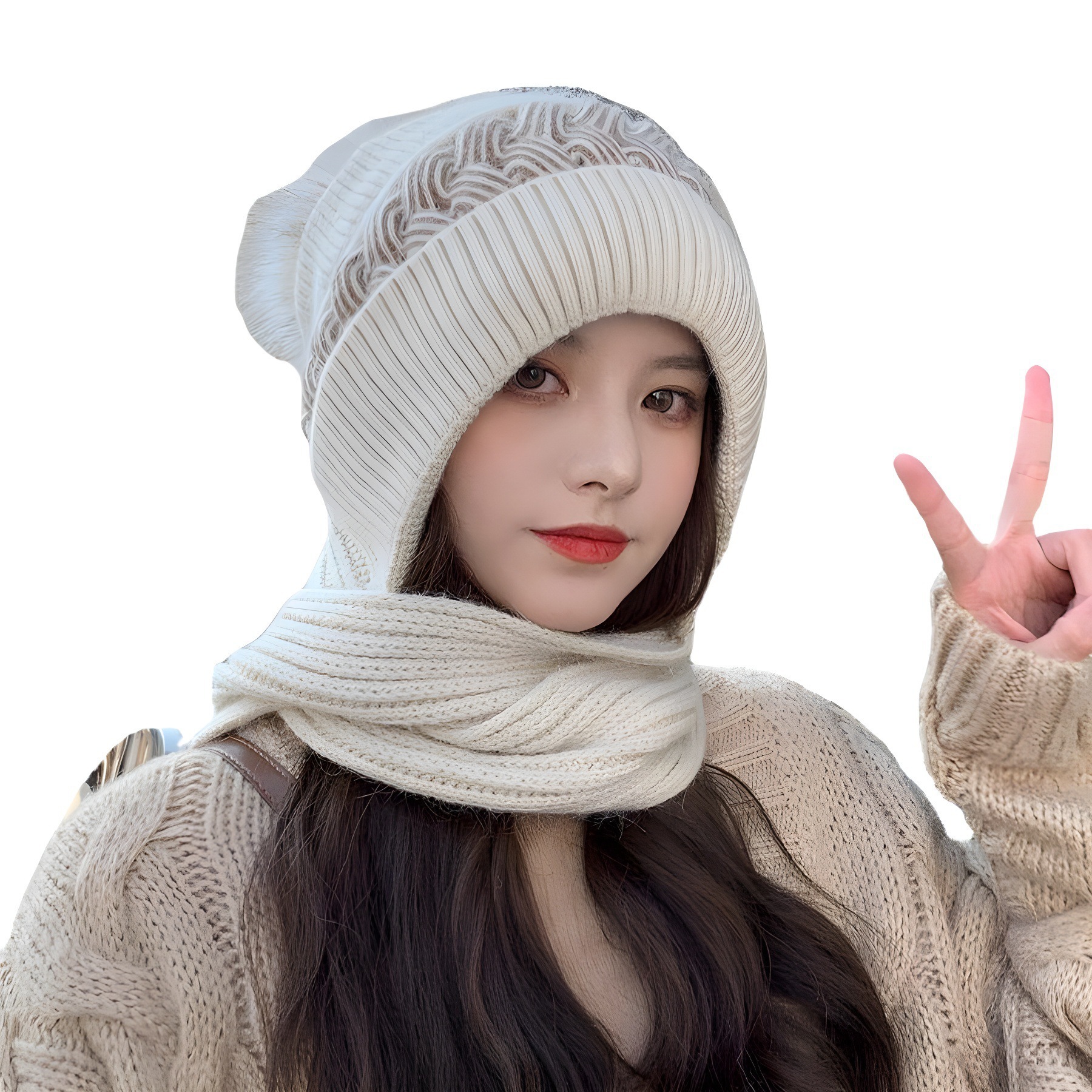 for Women Autumn Cute Hat Knitted Cold Ear Neck Protection Thickened Wool Scarf Integrated Winter Warmth